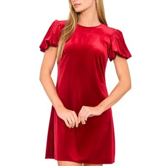 CeCe Women's Red Velvet Bubble-Sleeve Mini Dress Size Medium Christmas Party NYE - Picture 1 of 8